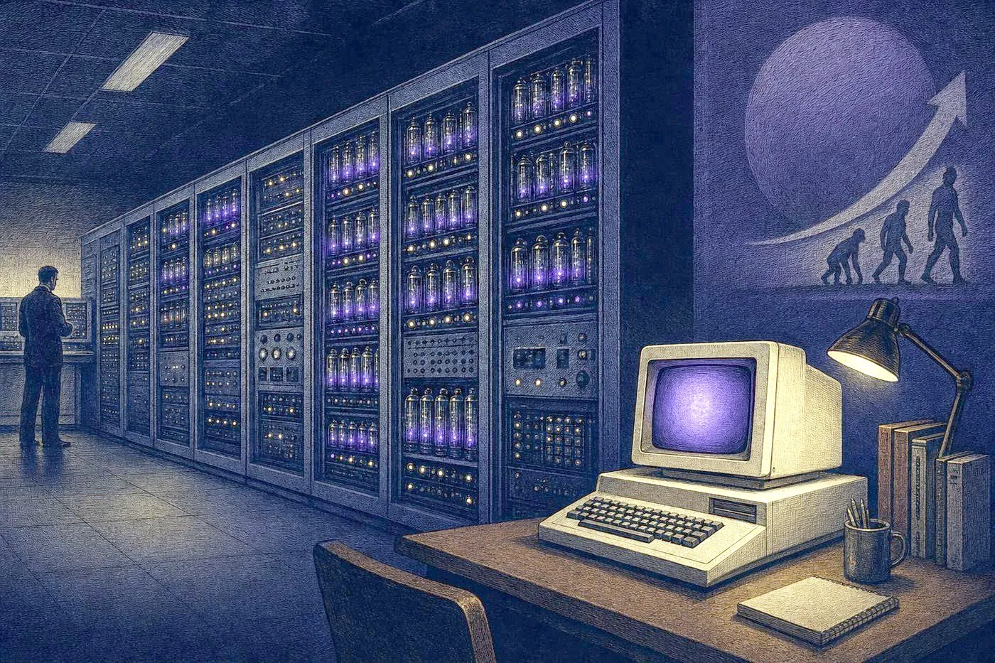 A row of vintage vacuum-tube computer cabinets alongside an early 1980s personal computer, illustrating the shift from room-sized machines to desktop devices.