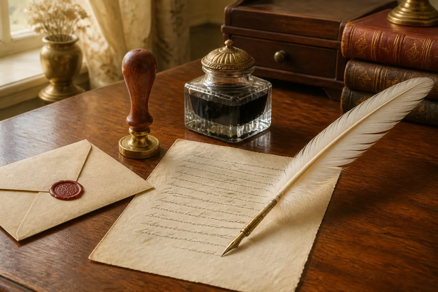 An antique writing desk with a quill pen, wax-seal stamp, inkwell, and a sealed envelope