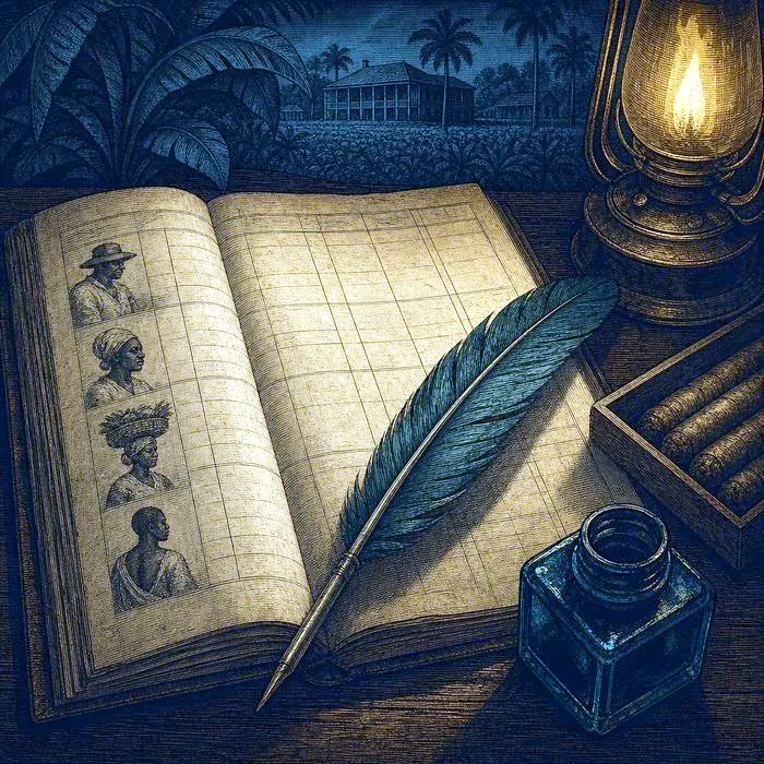 A close-up of an antique plantation ledger and quill pen