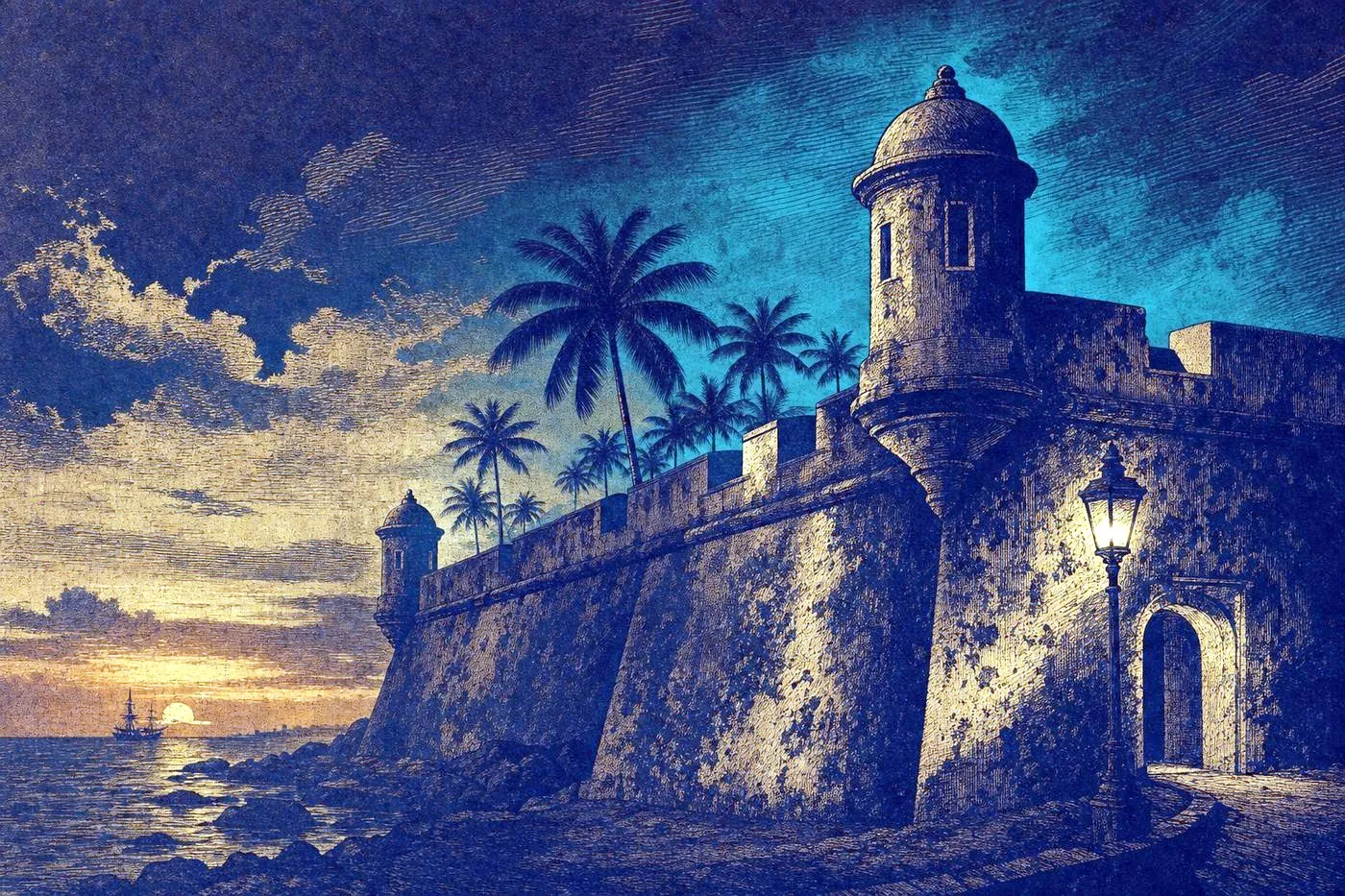 A weathered colonial coastal fort silhouette at dusk with palm trees along the shore