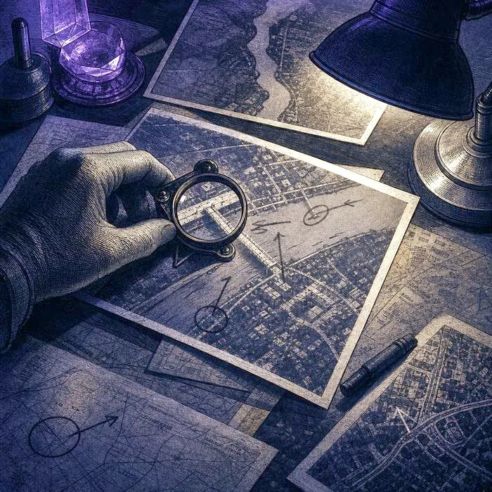 A reconnaissance photo-analysis table with a magnifying loupe over grainy aerial photograph prints