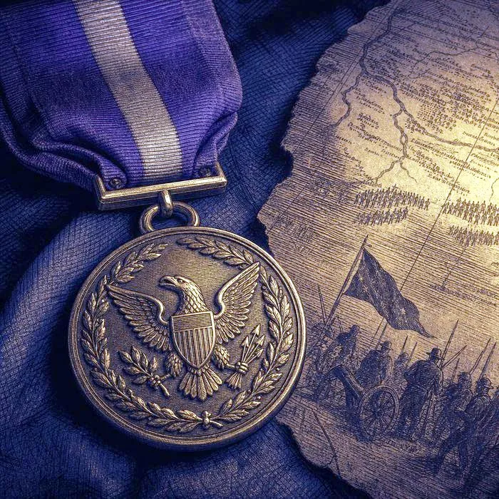 A close-up of an antique military campaign medal and map fragment, warm single-light illumination