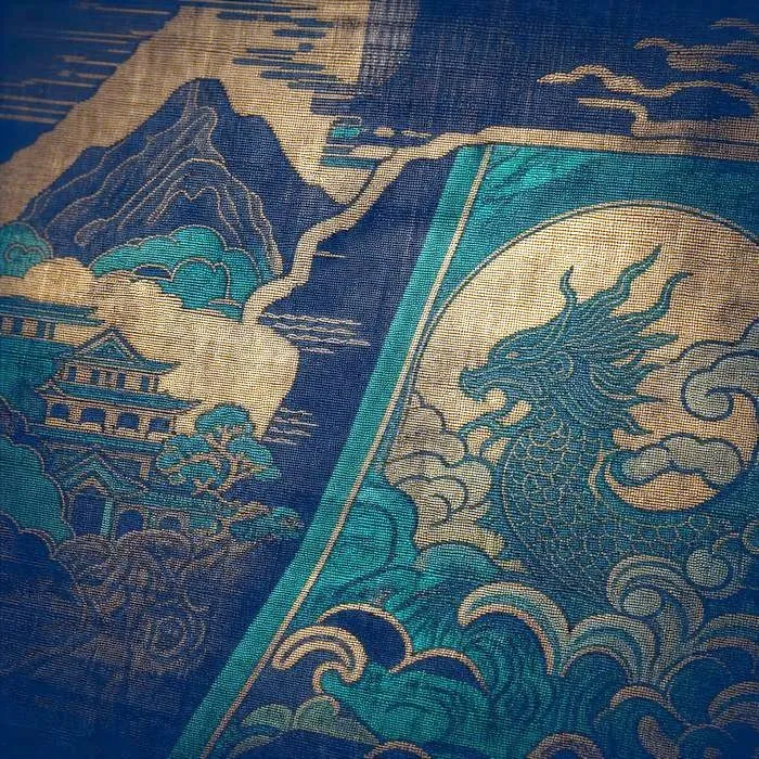 A close-up of an antique woven textile pattern