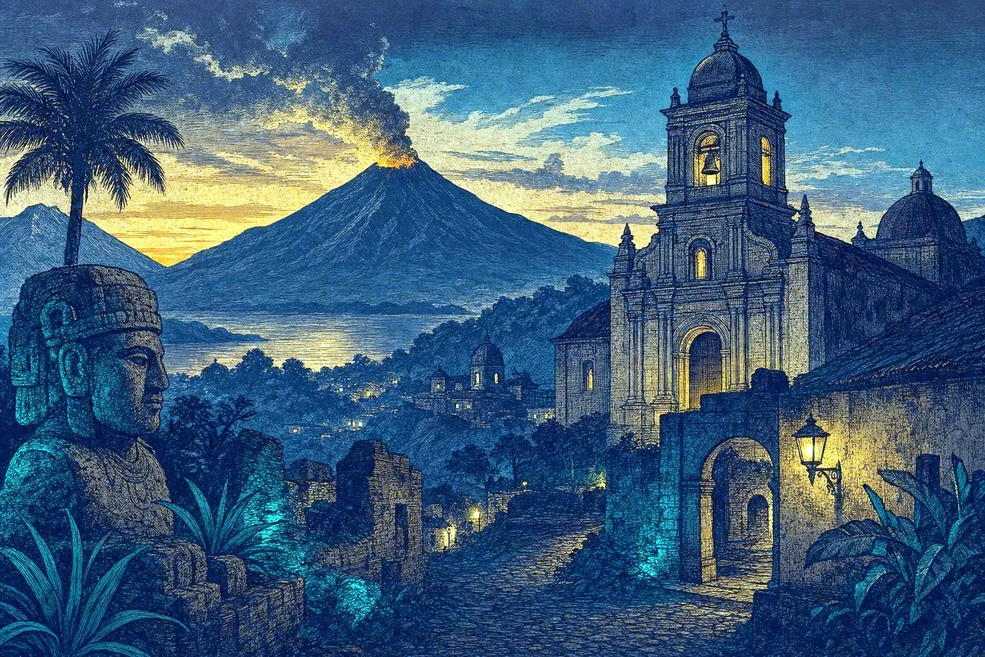 A volcanic Central American landscape at dusk with a colonial-era church silhouette