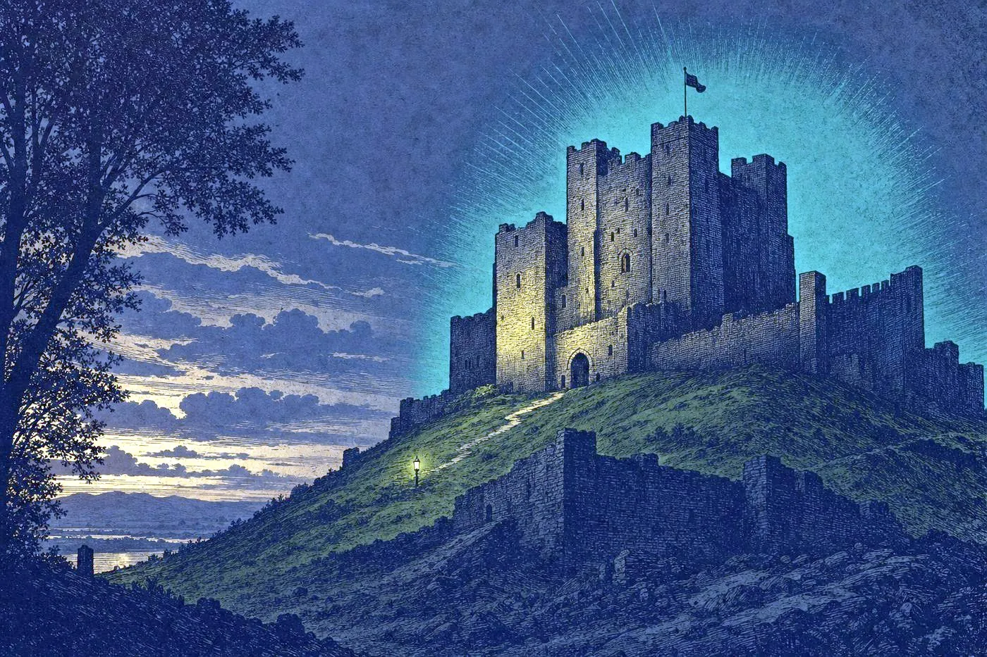 A weathered Norman-era stone castle silhouette on a hill at dusk