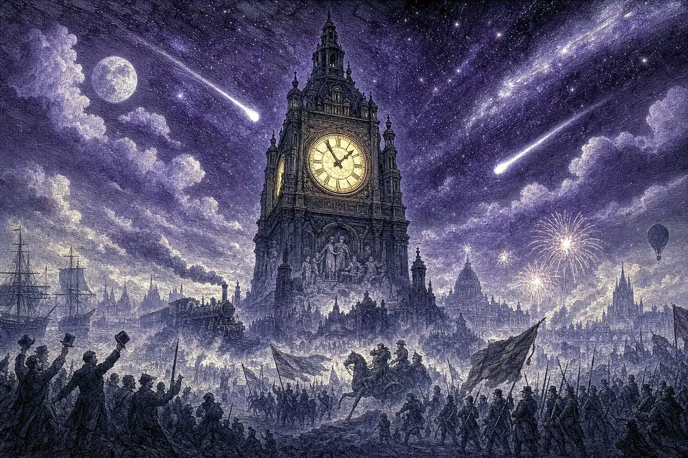 A colossal illuminated clock tower over a crowd, fireworks, and a comet-streaked night sky