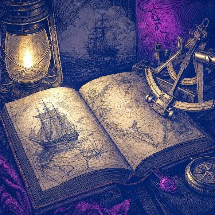 An antique ship's logbook and navigational instrument