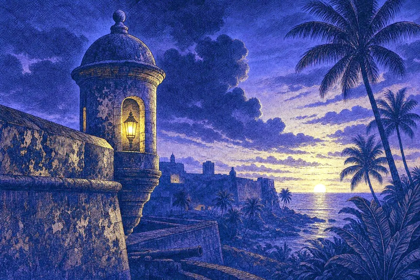Spanish colonial fort wall at dusk beside a palm-lined coastline with a watchtower glow