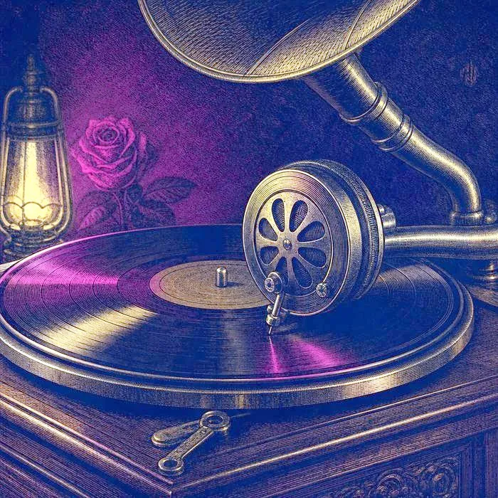 A close-up of a vintage vinyl record and gramophone needle