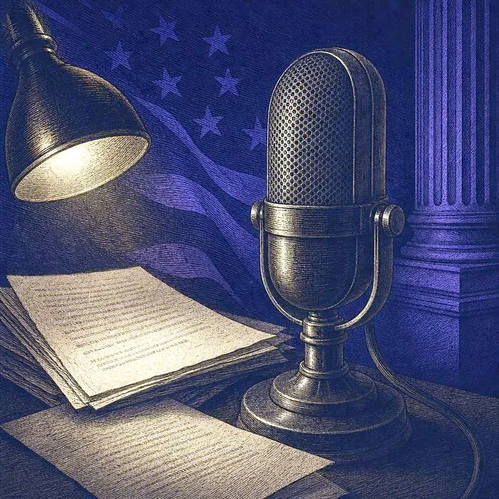 A close-up of an antique radio microphone and typed speech pages, warm single-light illumination