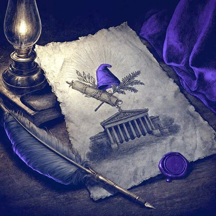 A weathered printed copy of a French Revolution-era declaration document beside a quill pen and wax seal
