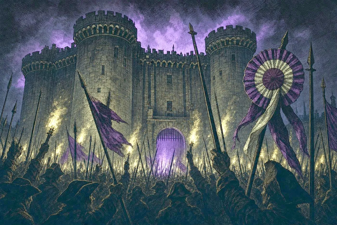 A torch-lit crowd storming a fortress gate at night