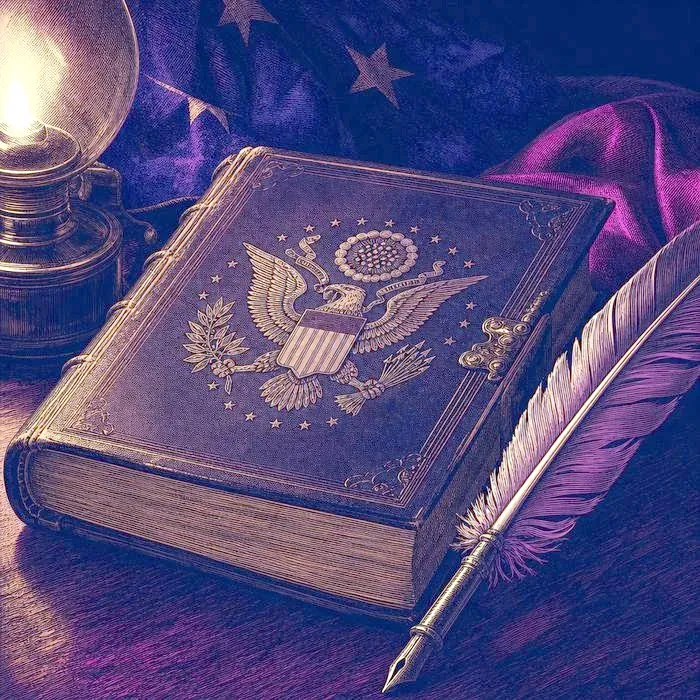 A close-up of an antique inauguration bible and quill on a wooden table