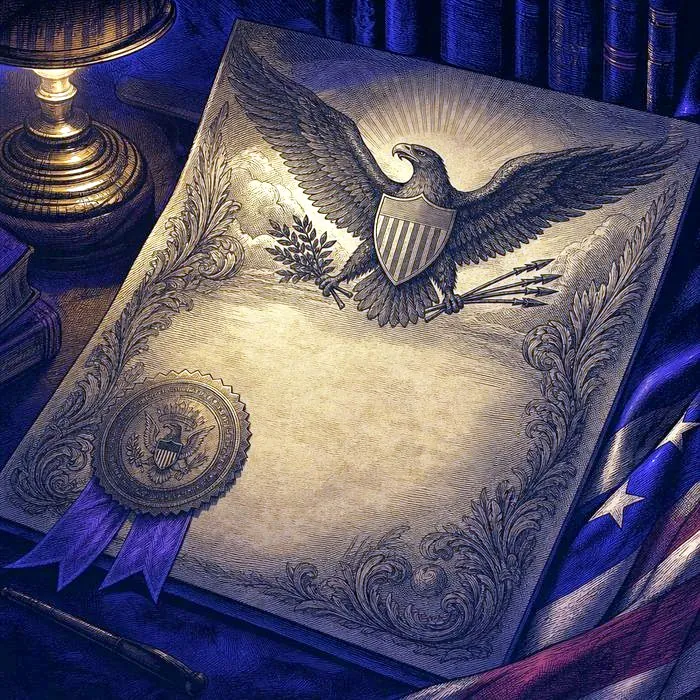 A close-up of an antique presidential pardon document with a seal