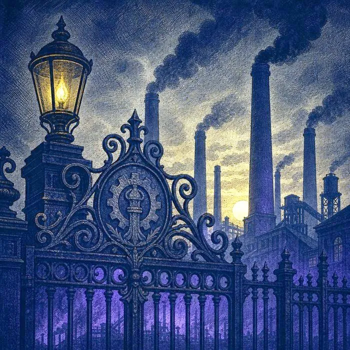 A row of factory smokestacks silhouetted against a hazy dawn sky