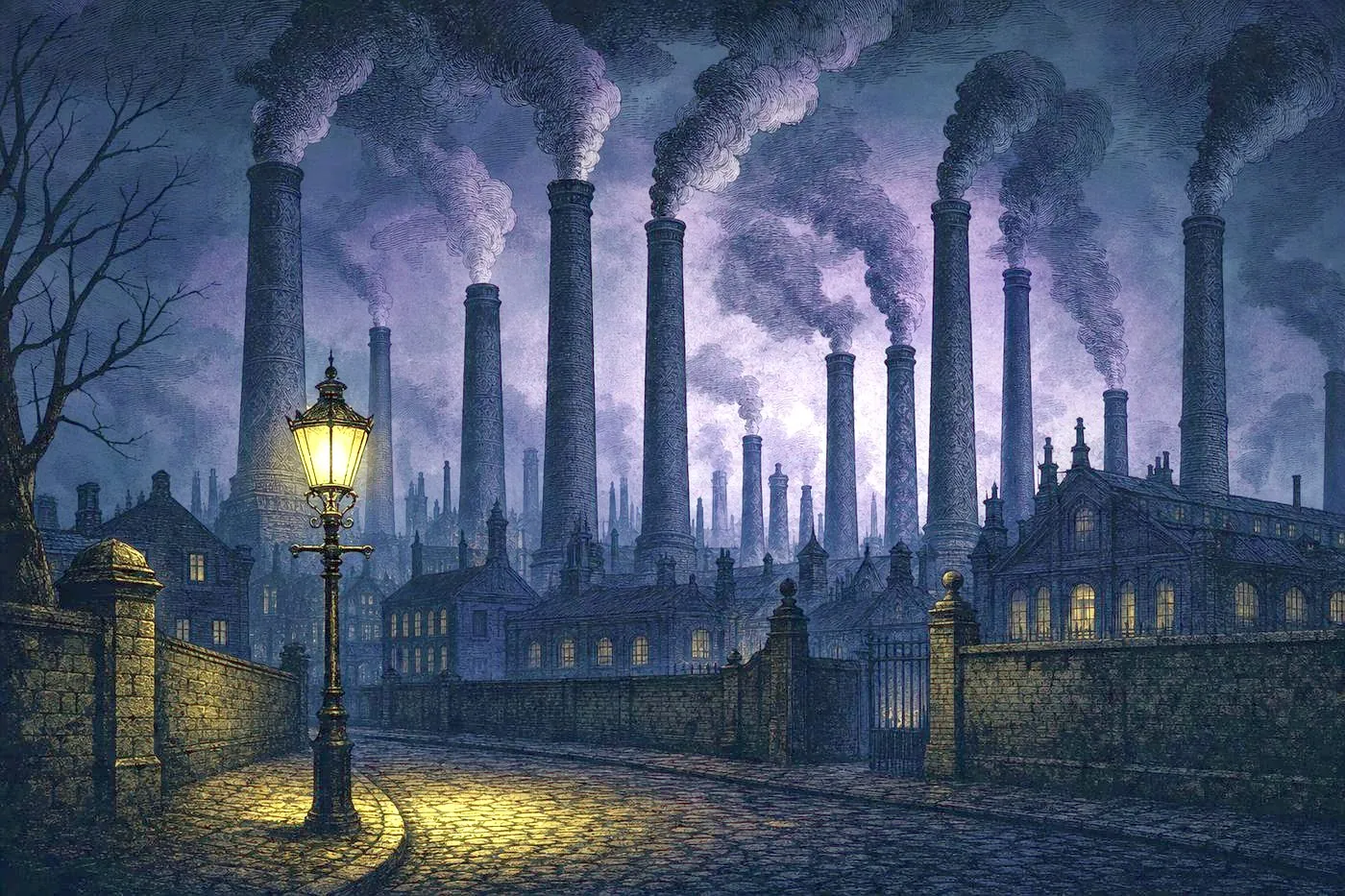 A row of ornate factory smokestacks silhouetted against a hazy industrial sky