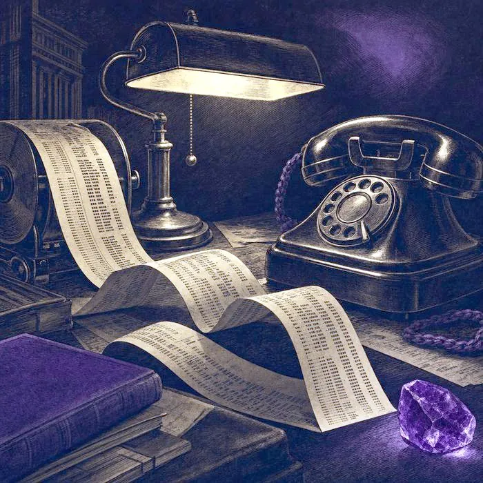 A weathered stock-ticker tape spilling across a desk beside an old rotary telephone