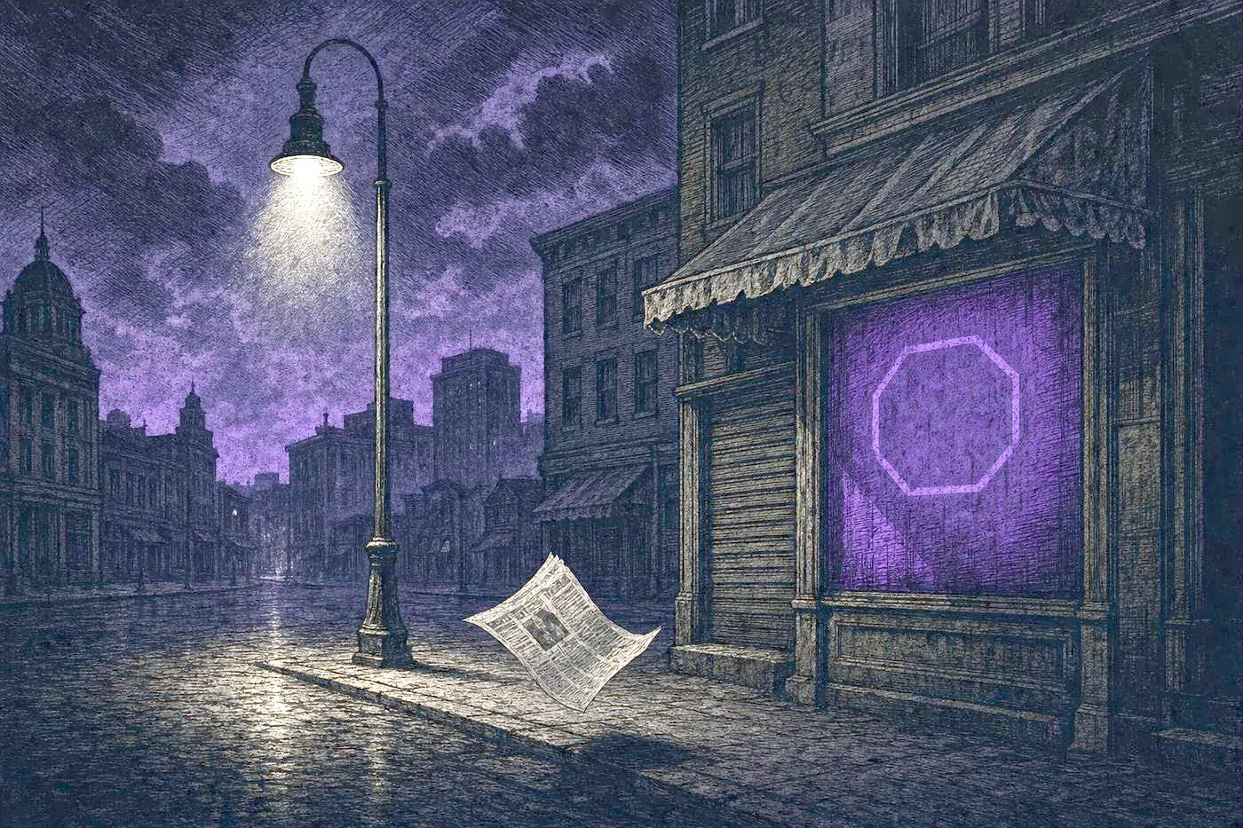 A dim streetlight over an empty Depression-era city street at night