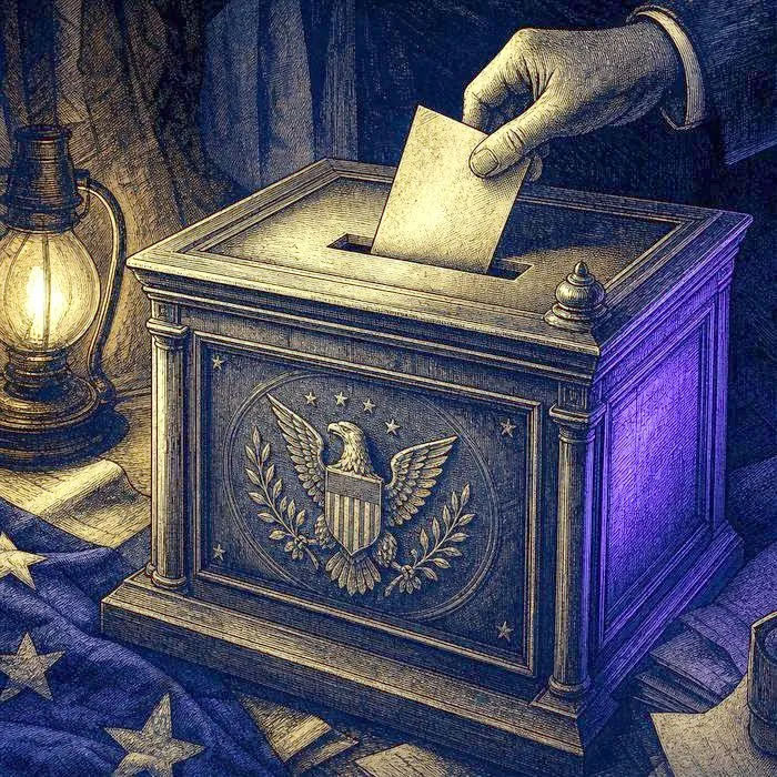A close-up of an antique wooden election ballot box under warm lamplight