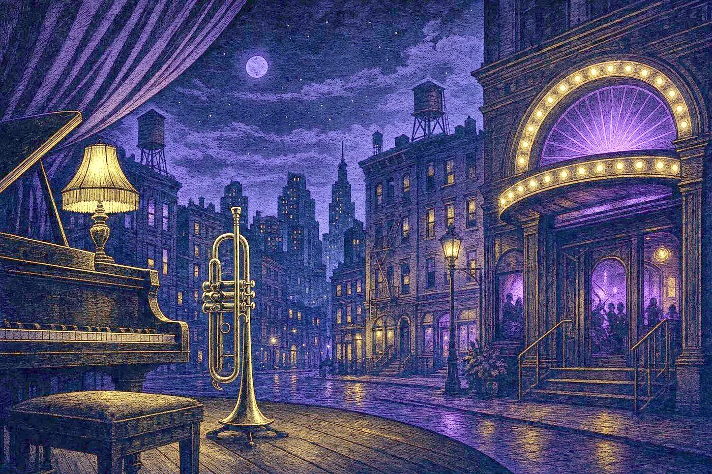 A glowing jazz-club marquee arch on a night-time city street