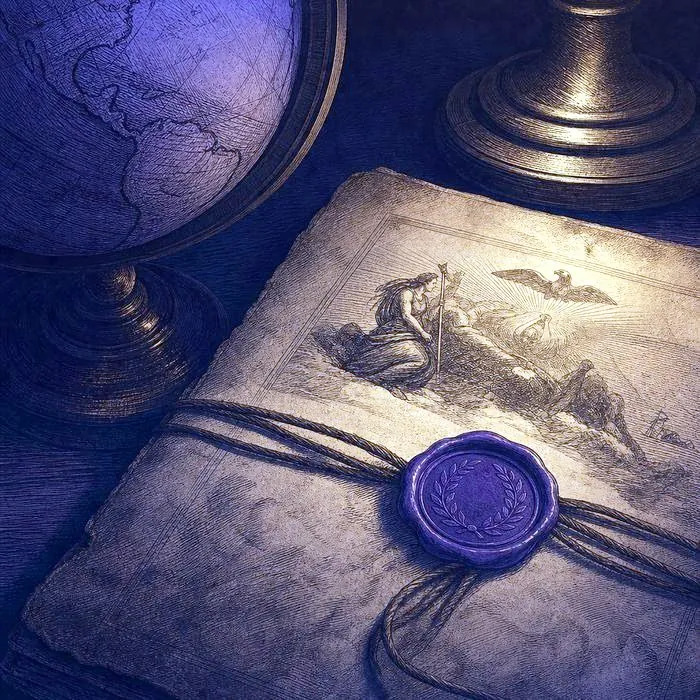 A close-up of an antique diplomatic treaty document and globe fragment, warm single-light illumination