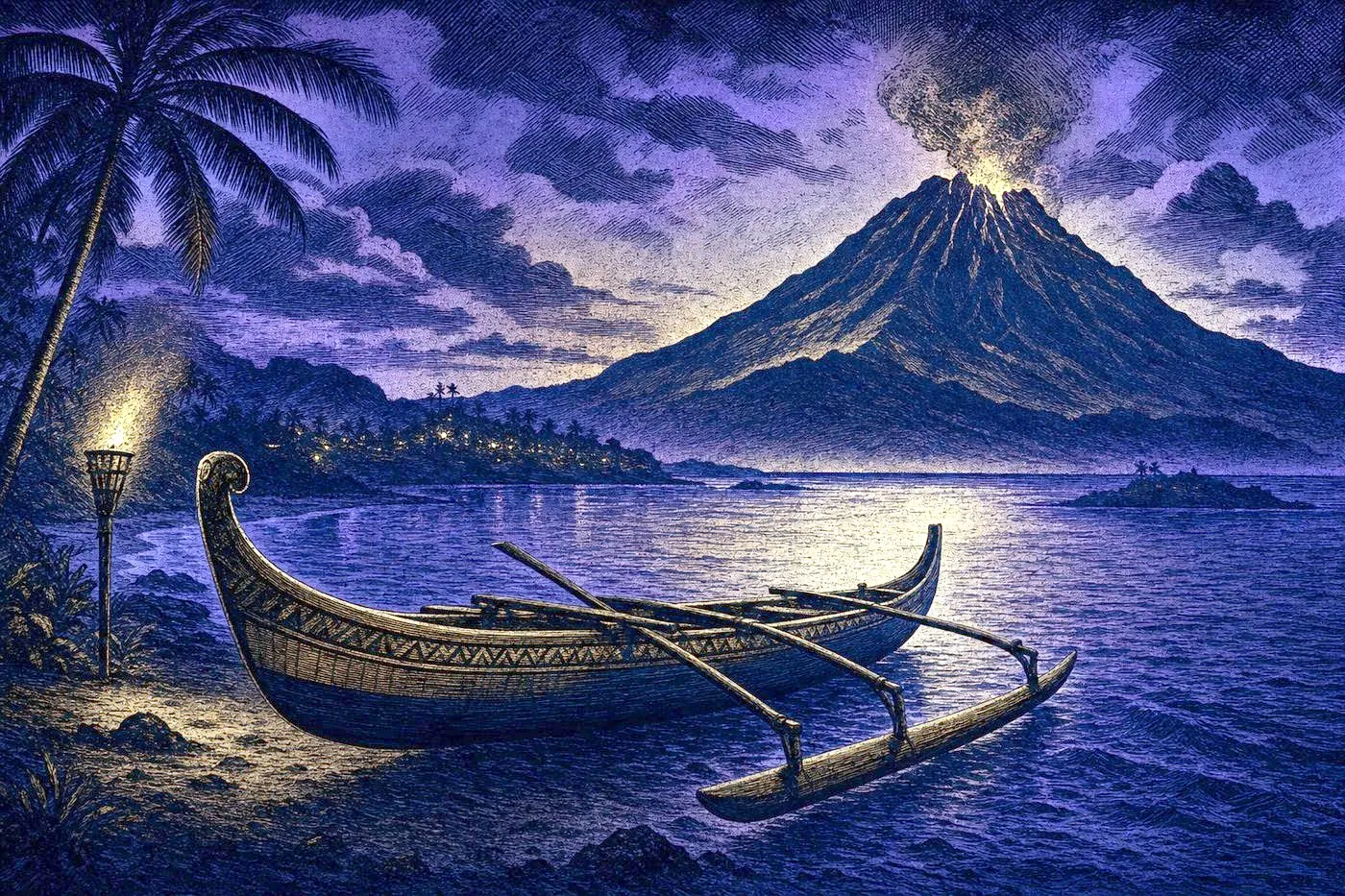 Volcanic island coastline silhouette at dusk with a traditional outrigger canoe shape