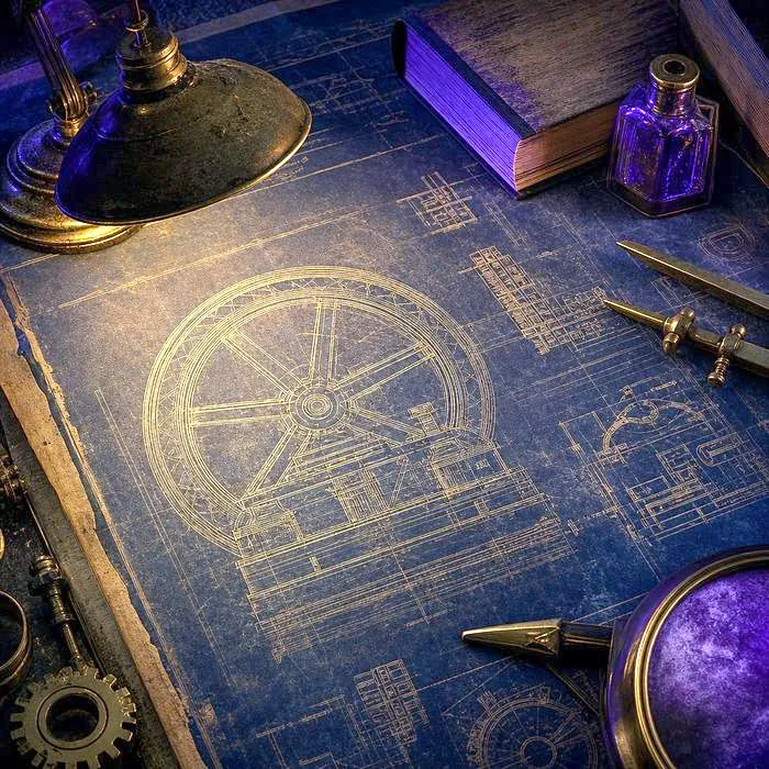 An antique engineering blueprint and drafting tools