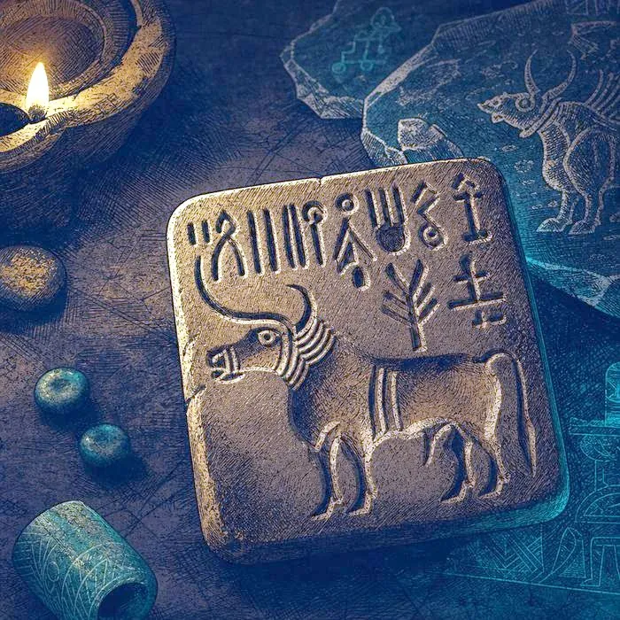 A close-up of an ancient carved stone seal with Indus Valley script motifs