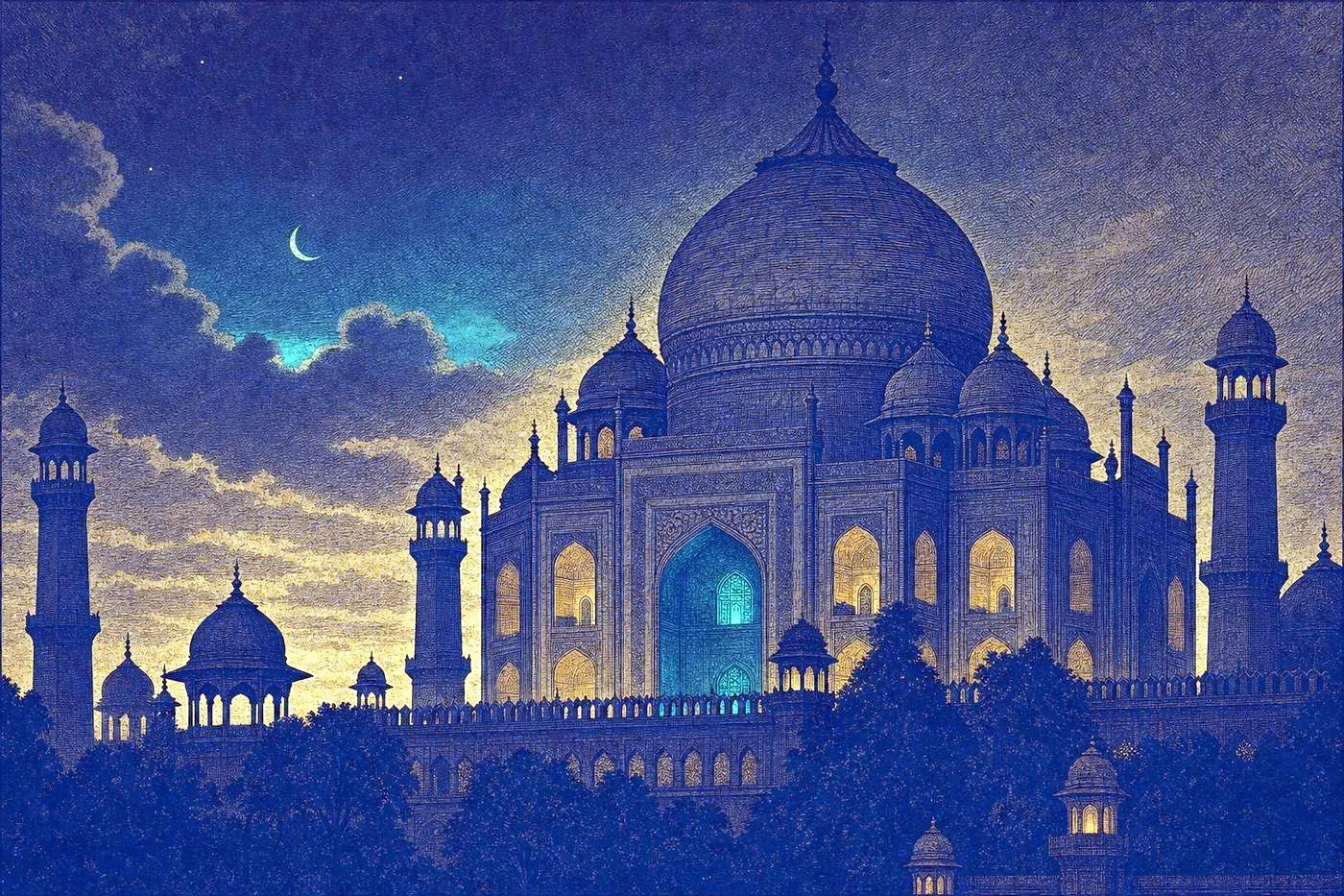 An ornate Mughal-era domed palace silhouette against a deep dusk sky