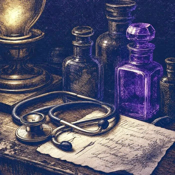 Antique glass apothecary bottles, a coiled stethoscope, and a handwritten prescription note on a worn wooden desk