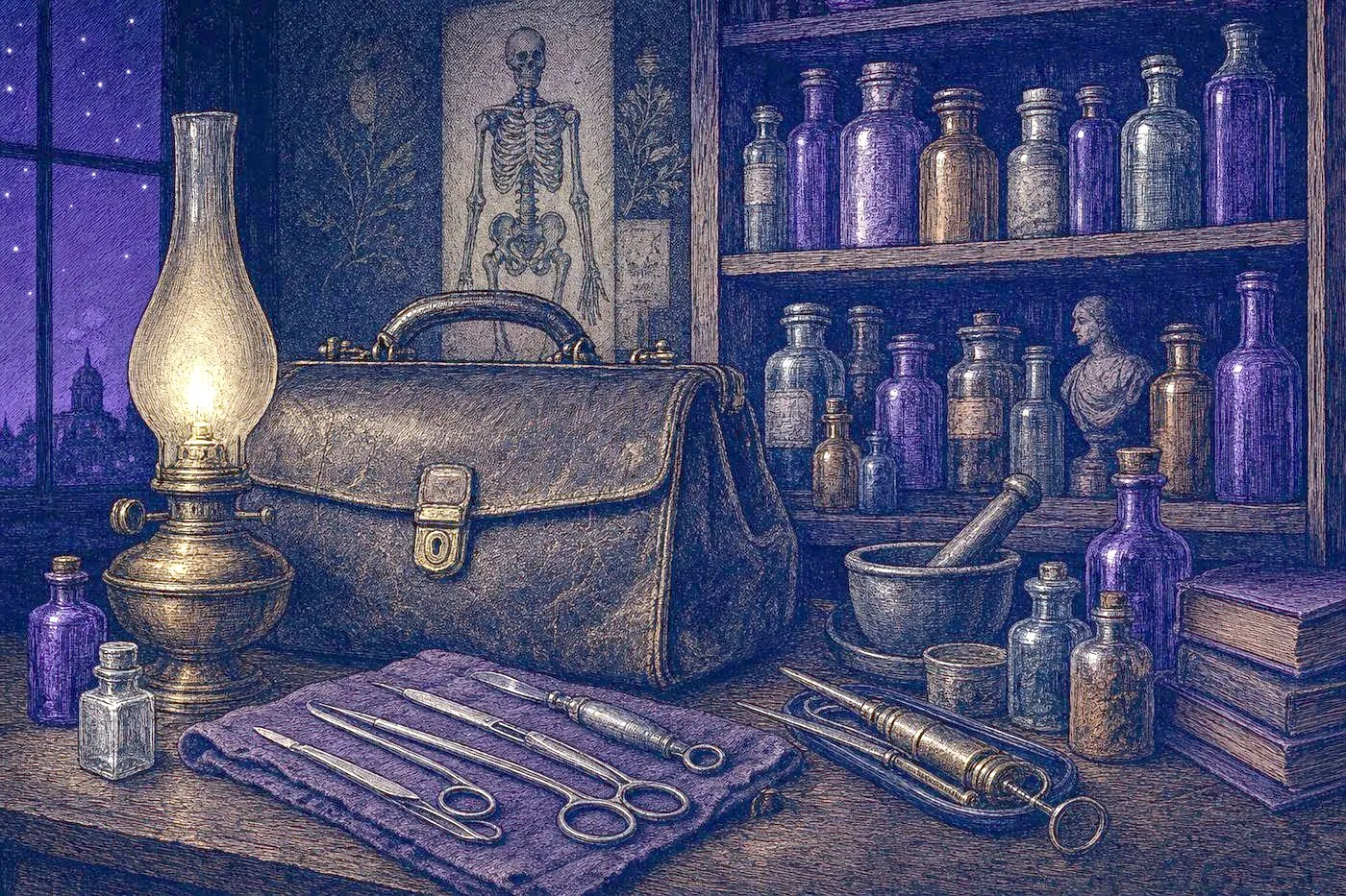 Antique physician's instruments and glass medicine bottles