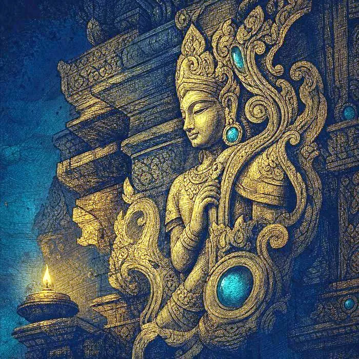 A close-up of an ornate gilded Thai temple carving