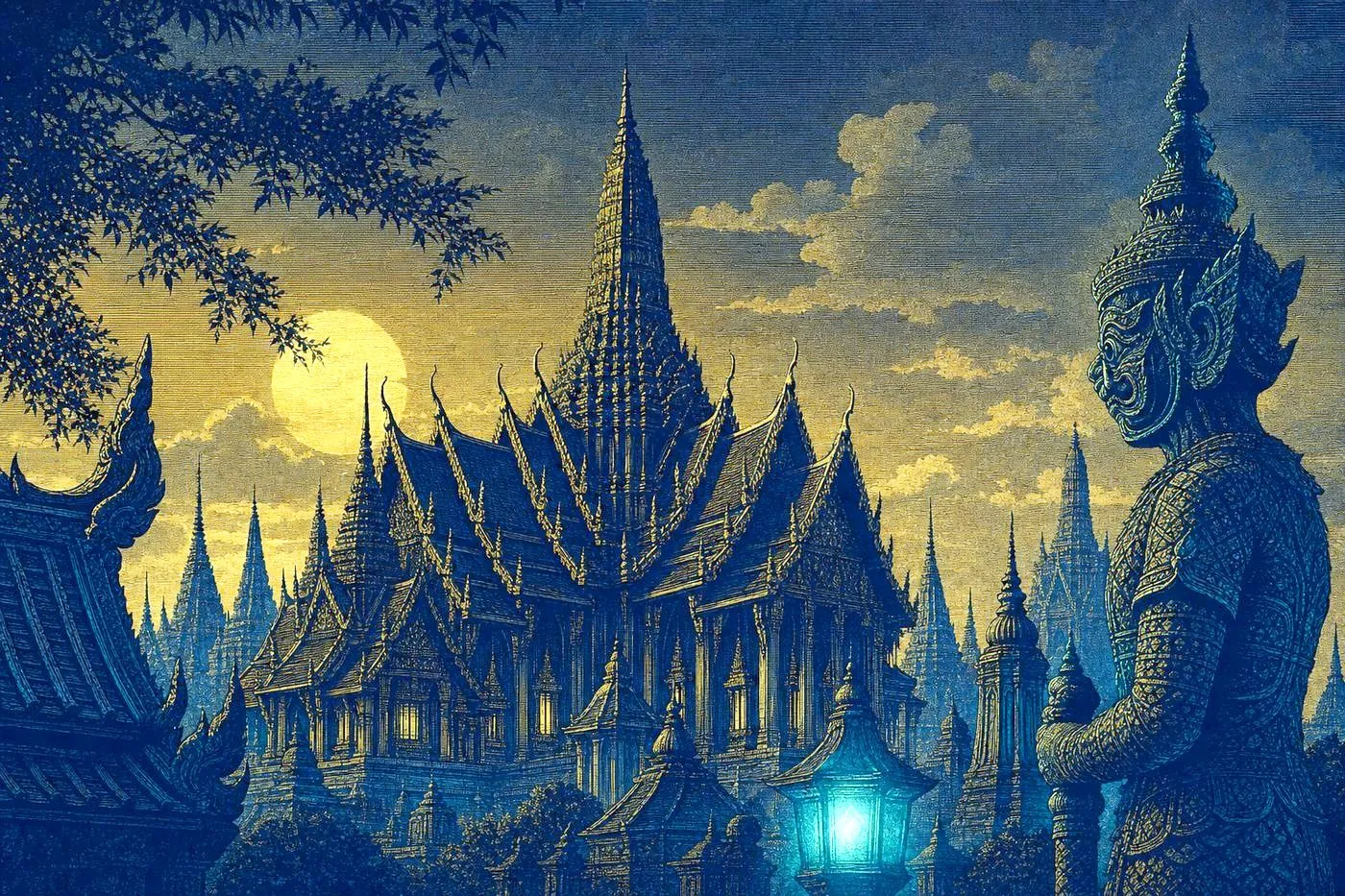 The ornate silhouette of a Siamese temple spire against a warm dusk sky
