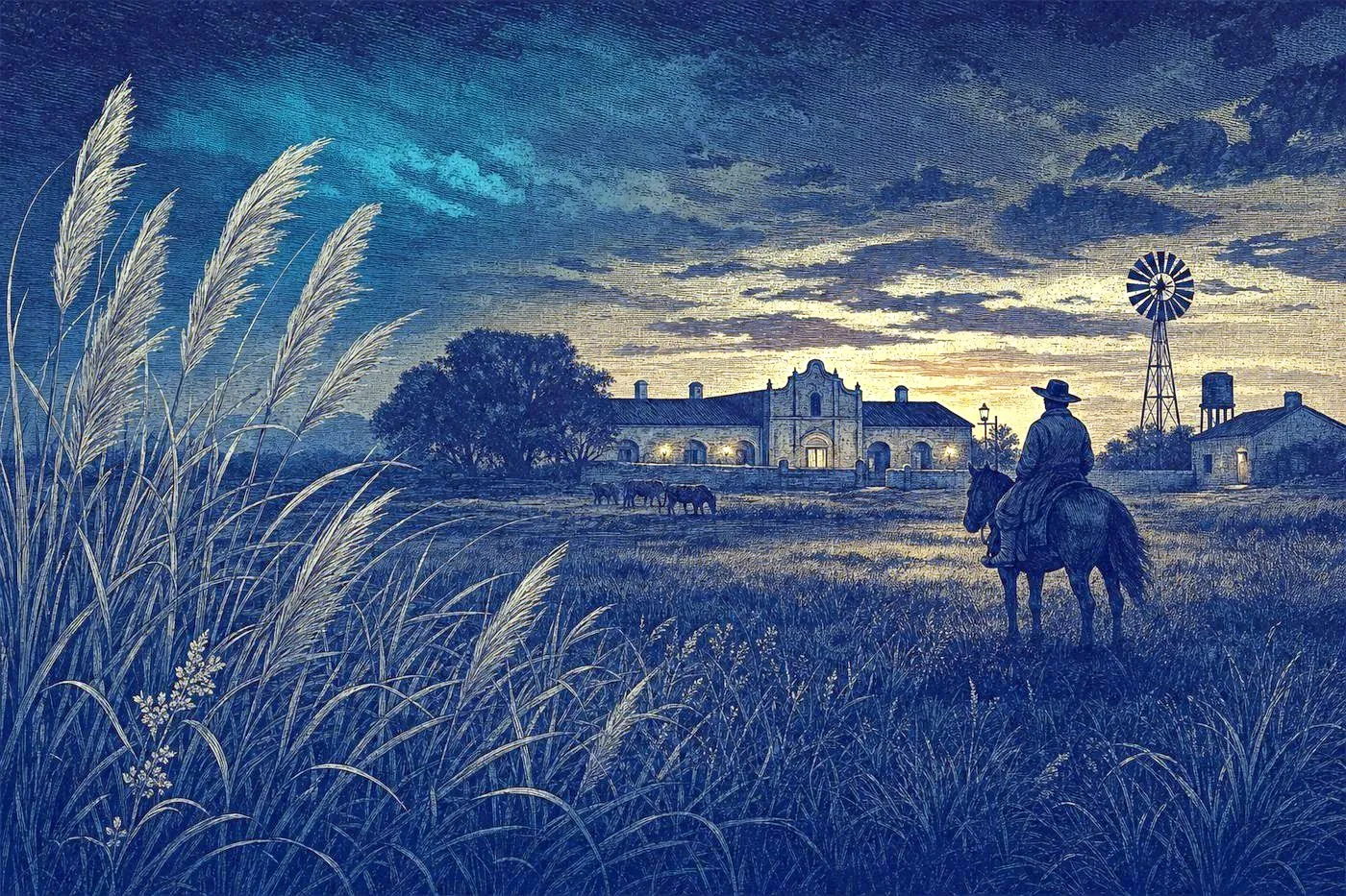 A colonial-era estancia silhouette on the Argentine Pampas at dusk