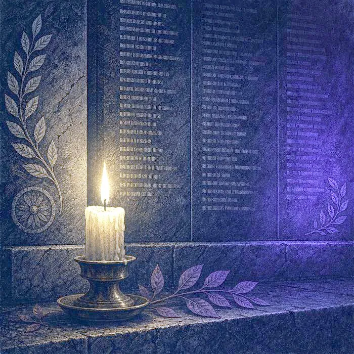 A single lit candle before a dark stone wall etched with faint rows of names