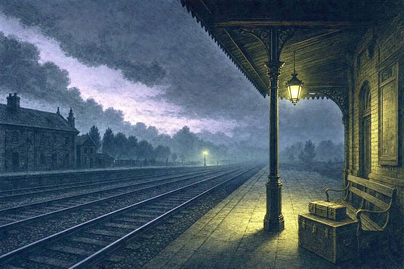 An empty railway platform at dusk, tracks receding into fog