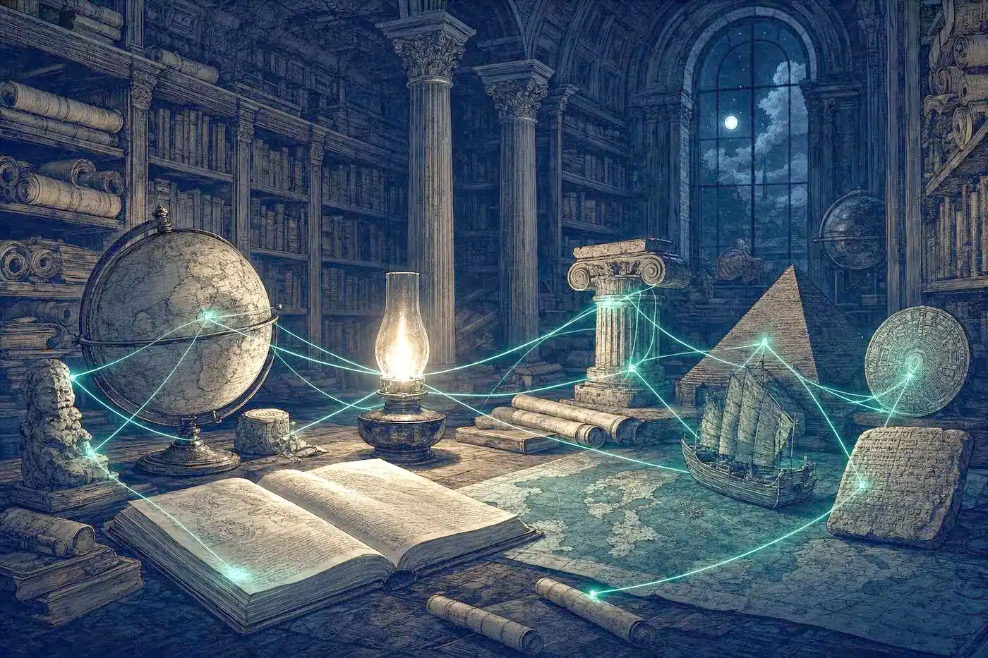 An illuminated archive of history at night