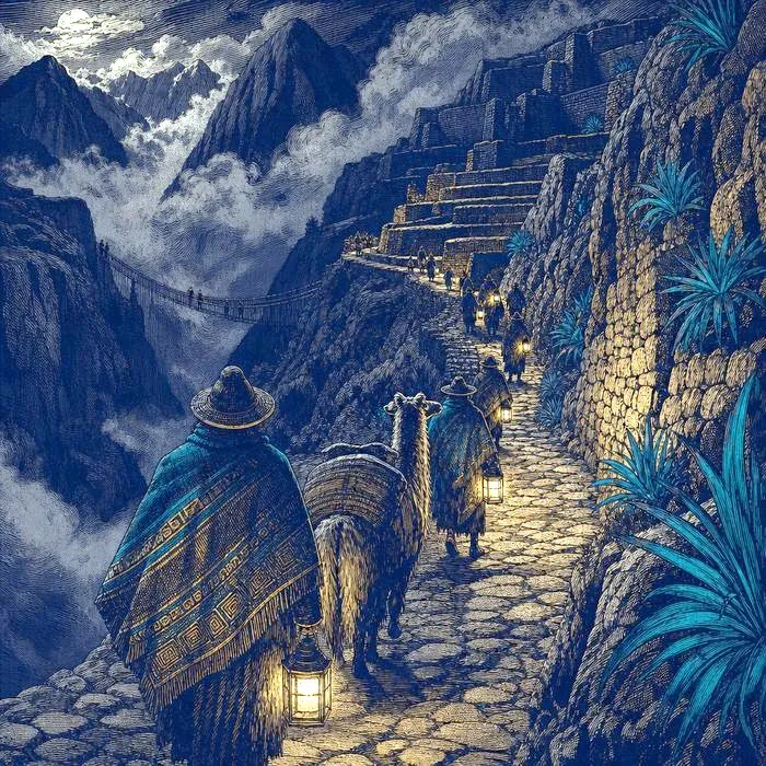 A stone mountain road winding along terraced Andean cliffs beneath low cloud