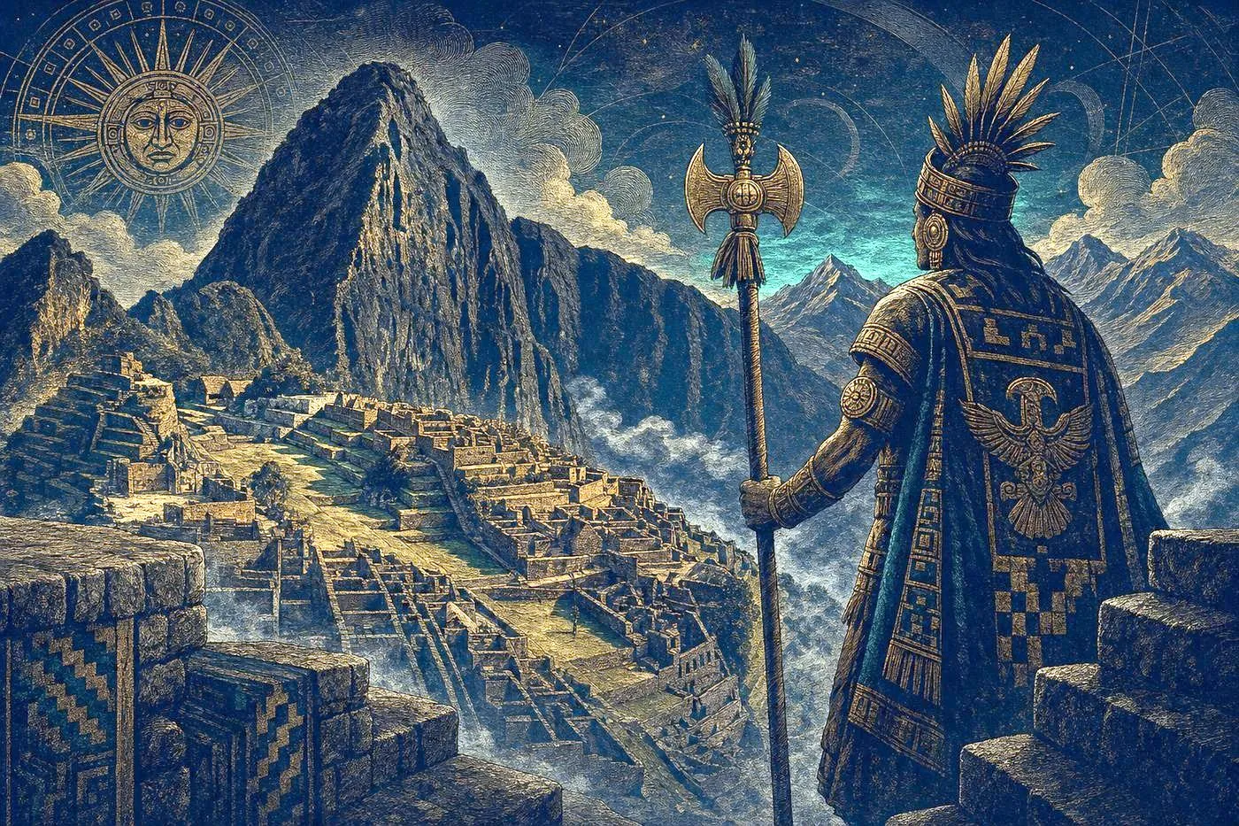 A stone mountain citadel wrapped in mist above terraced Andean slopes