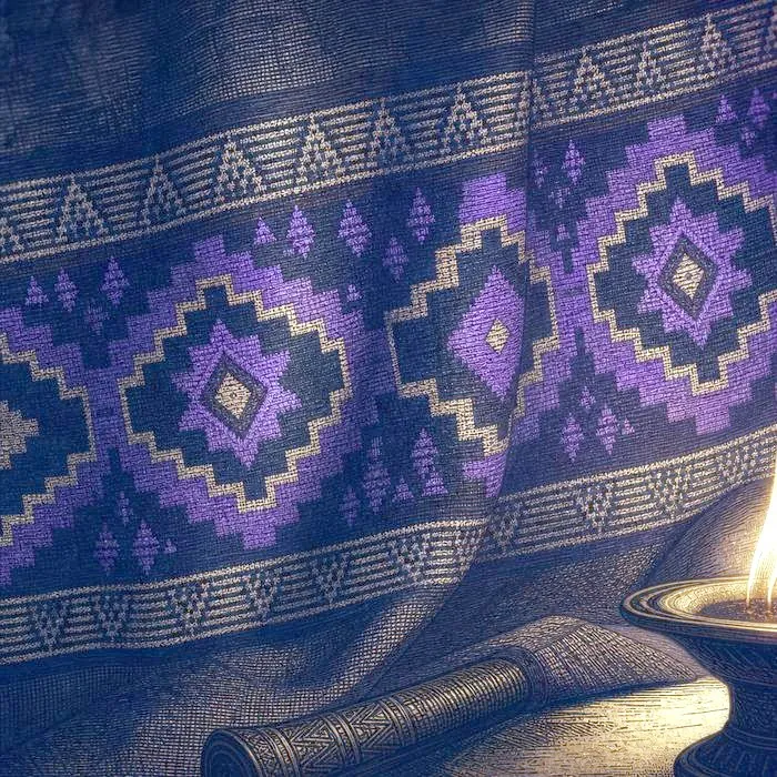 A close-up of a woven traditional textile pattern
