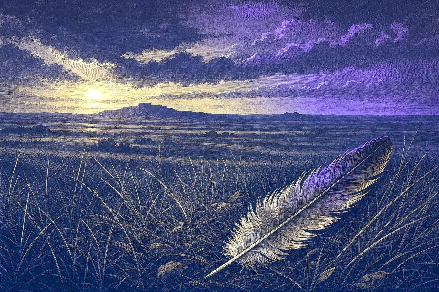 A quiet plains landscape at dusk with a single feather resting on tall grass