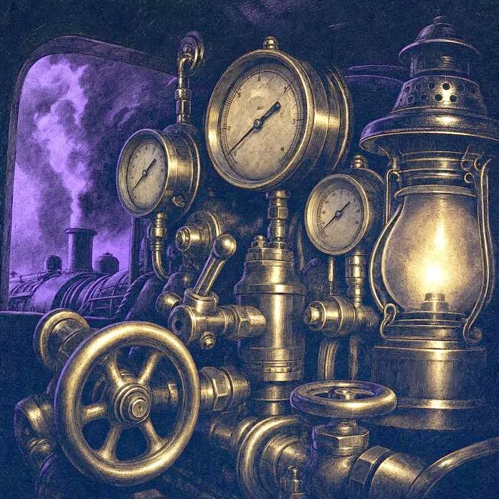 Close-up of an antique steam locomotive's brass gauges and pressure valves