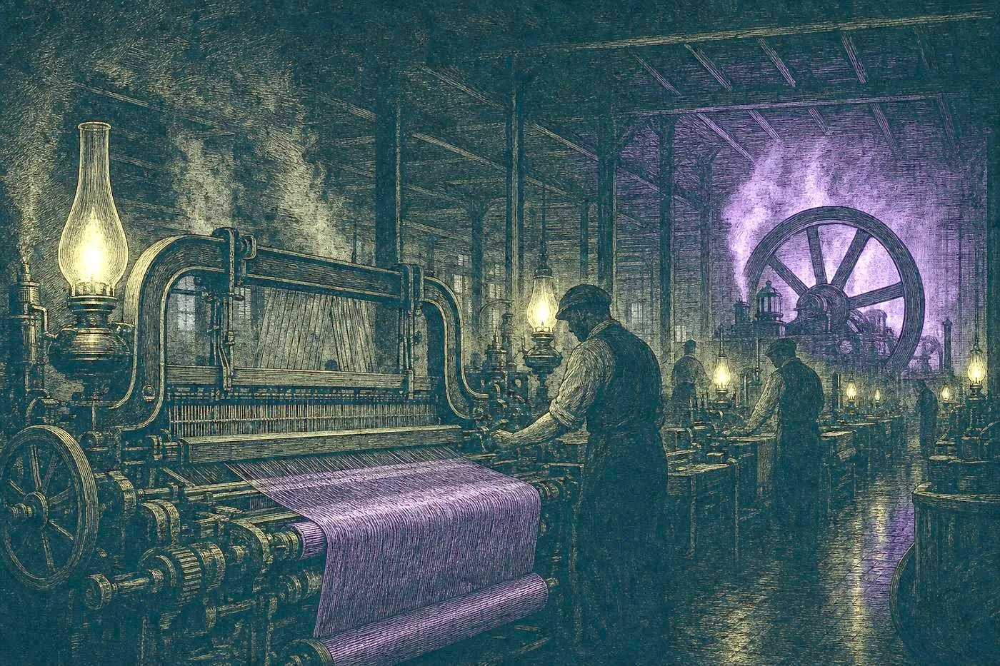 A dark textile-mill interior lit by gas lamps, with mechanical looms and a large steam-engine flywheel