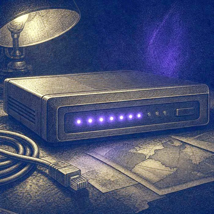 A close-up of a vintage dial-up modem with small indicator lights glowing