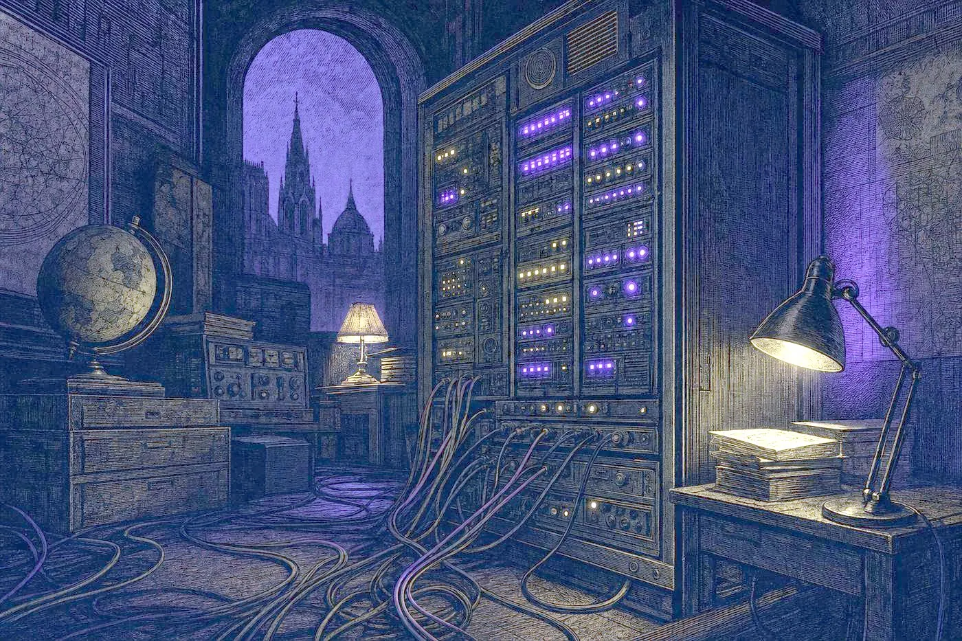 A dark server room lit by rows of small blinking indicator lights