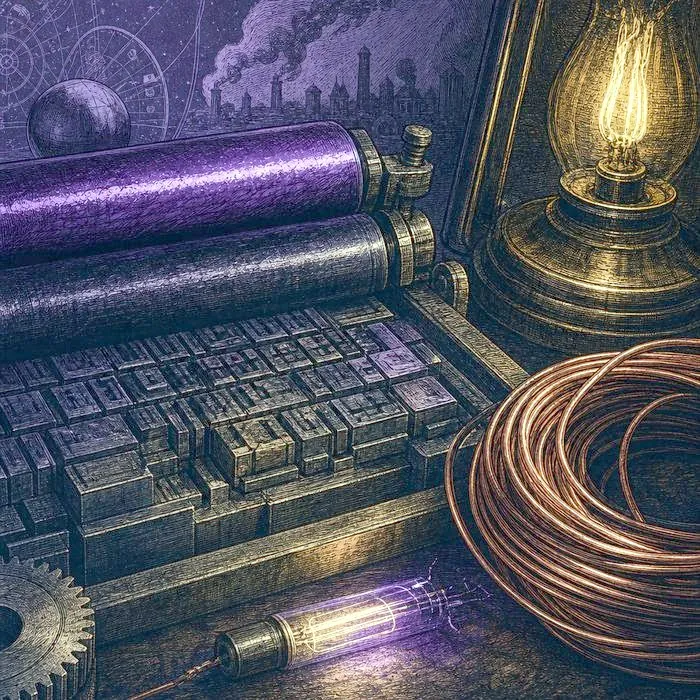 A printing press's inked metal type blocks beside a coiled length of copper wire and a glowing filament fragment