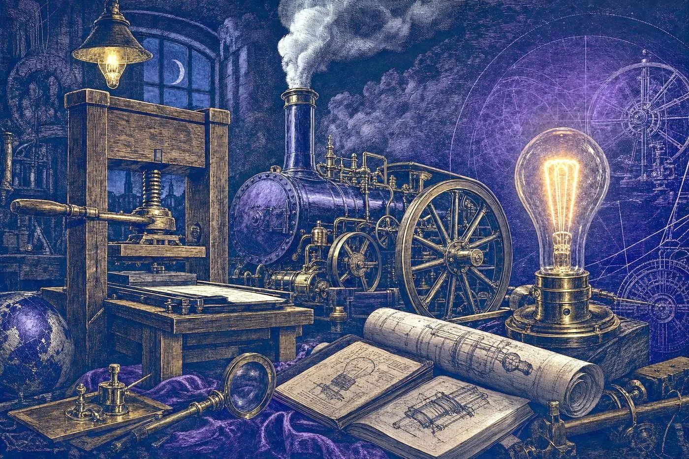 An engraving-style collage of a printing press, a steam engine, and an early light bulb filament