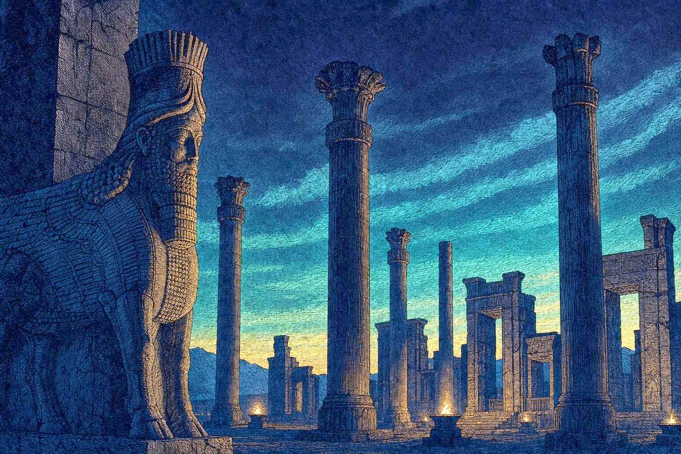The silhouetted stone columns of ancient Persepolis against a dusk sky