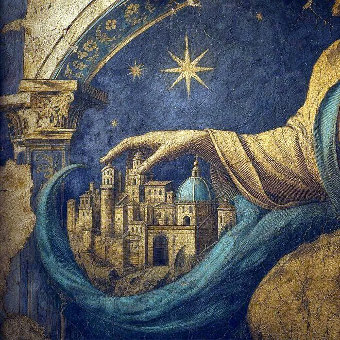 A close-up of an antique Renaissance-era fresco fragment