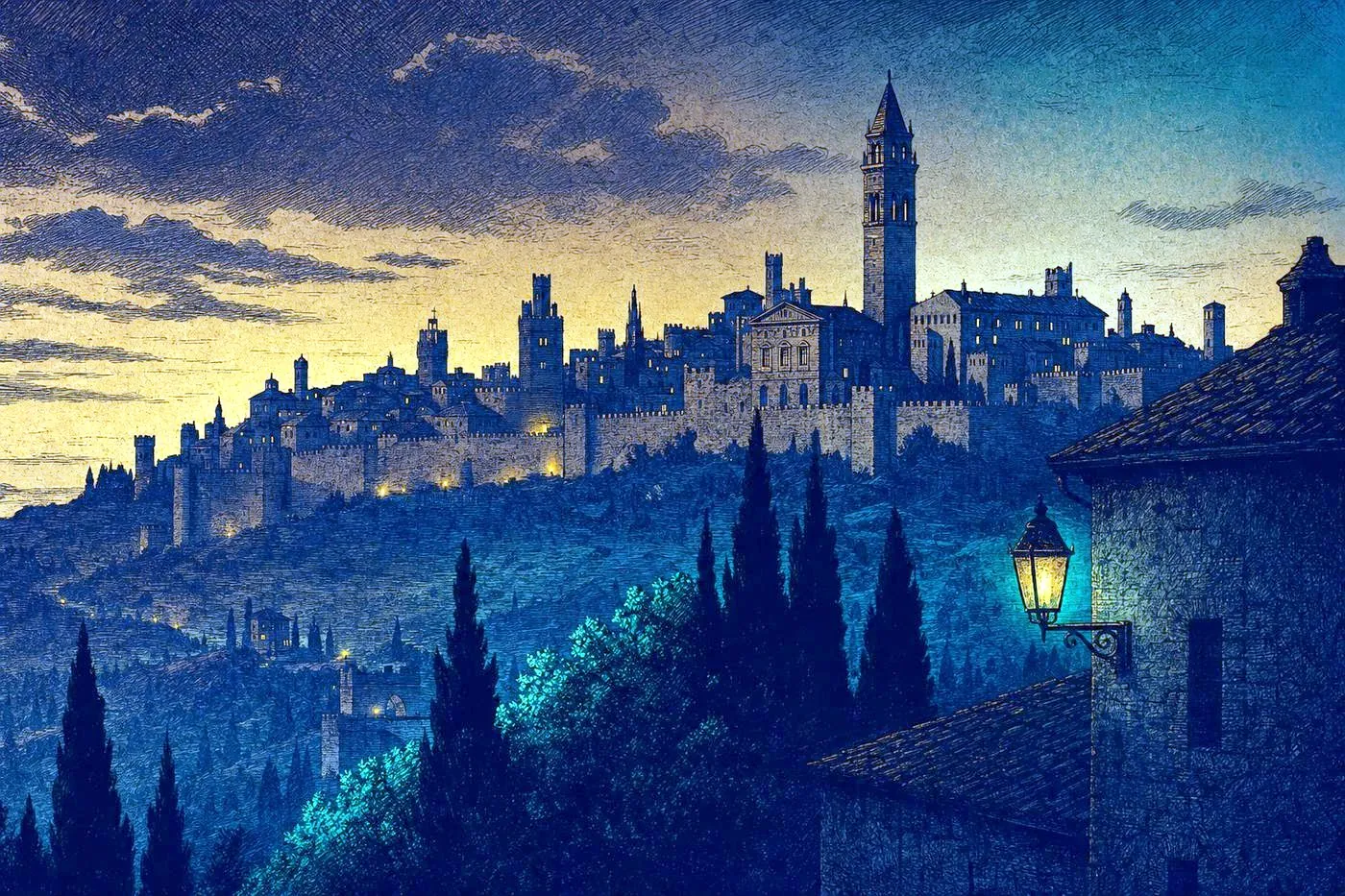 A hilltop medieval Italian city-state skyline at dusk